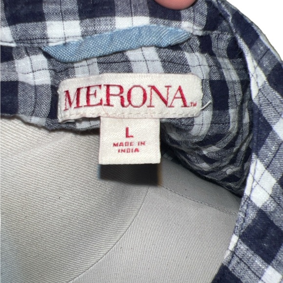 MERONA |  BLUE AND WHITE CHECKERBOARD 1/2 BUTTON DOWN V NECK TOP LARGE - Picture 8 of 8